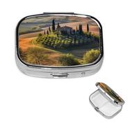 Pill Box Travel Pillbox with 2 Compartment Small Pill Case for Purse & Pocket Portable Medicine Organizer Tuscany Landscape Tree Scenery Farm Cute Round Pill Container for Vitamins Medication Fish Oil