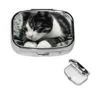 Pill Box Travel Pillbox with 2 Compartment Small Pill Case for Purse & Pocket Portable Medicine Organizer Black and White Cat Cute Round Pill Container for Vitamins Medication Fish Oil