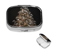 Pill Box Travel Pillbox with 2 Compartment Small Pill Case for Purse & Pocket Portable Medicine Organizer Silver Christmas Tree Cute Round Pill Container for Vitamins Medication Fish Oil
