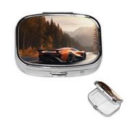 Pill Box Travel Pillbox with 2 Compartment Small Pill Case for Purse & Pocket Portable Medicine Organizer Sports Car on The Road Cute Round Pill Container for Vitamins Medication Fish Oil