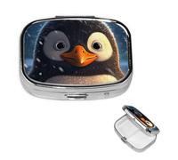 Pill Box Travel Pillbox with 2 Compartment Small Pill Case for Purse & Pocket Portable Medicine Organizer Penguin in The Snow Cute Round Pill Container for Vitamins Medication Fish Oil
