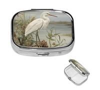 Pill Box Travel Pillbox with 2 Compartment Small Pill Case for Purse & Pocket Portable Medicine Organizer Swamp Egret Cute Round Pill Container for Vitamins Medication Fish Oil