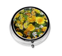 Pill Box Travel Pillbox with 3 Compartment Small Pill Case for Purse & Pocket Portable Medicine Organizer Yellow butterfly and yellow daisies Cute Round Pill Container for Vitamins Medication Fish Oil