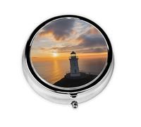 Pill Box Travel Pillbox with 3 Compartment Small Pill Case for Purse & Pocket Portable Medicine Organizer Sea and Lighthouse Cute Round Pill Container for Vitamins Medication Fish Oil