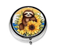 Pill Box Travel Pillbox with 3 Compartment Small Pill Case for Purse & Pocket Portable Medicine Organizer Cartoon Sloth Sitting on Sunflower Cute Round Pill Container for Vitamins Medication Fish Oil