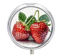 Pill Box Two Strawberries Round Metal Pill Case with 3 Compartments Portable Mini Medicine Drug Holder Travel Medicine Tablet Vitamin Holder Organizer
