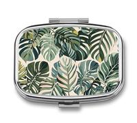 Pill Box White Ed Tropical Botanical Leaves Travel Pill Organizer 2-Compartment Portable Medicine Case with Mirror Design for Vitamins, Jewelry & Essentials Durable Pocket Pillbox for Purse, Camping