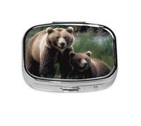 Pill Box with Mirror 2 Compartment A Mother and A Cub Bears Small Pill Case for Purse Or Pocket Mini Metal Pill Holder Travel Weekly Medicine Tablet Vitamin Holder Organizer Travel Gifts