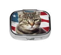 Pill Box with Mirror 2 Compartment American Cat USA Flag Small Pill Case for Purse Or Pocket Mini Metal Pill Holder Travel Weekly Medicine Tablet Vitamin Holder Organizer Travel Gifts