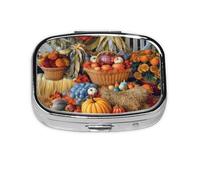Pill Box with Mirror 2 Compartment Autumn Harvest Thanksgiving Small Pill Case for Purse Or Pocket Mini Metal Pill Holder Travel Weekly Medicine Tablet Vitamin Holder Organizer Travel Gifts