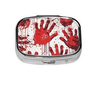 Pill Box with Mirror 2 Compartment Bloody Handprints Small Pill Case for Purse Or Pocket Mini Metal Pill Holder Travel Weekly Medicine Tablet Vitamin Holder Organizer Travel Gifts