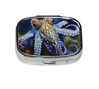 Pill Box with Mirror 2 Compartment Blue Ringed Octopus Small Pill Case for Purse Or Pocket Mini Metal Pill Holder Travel Weekly Medicine Tablet Vitamin Holder Organizer Travel Gifts