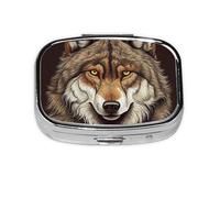 Pill Box with Mirror 2 Compartment Brown Wolf Head Small Pill Case for Purse Or Pocket Mini Metal Pill Holder Travel Weekly Medicine Tablet Vitamin Holder Organizer Travel Gifts
