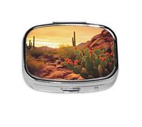 Pill Box with Mirror 2 Compartment Cactus at Sunset Poster Small Pill Case for Purse Or Pocket Mini Metal Pill Holder Travel Weekly Medicine Tablet Vitamin Holder Organizer Travel Gifts