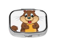 Pill Box with Mirror 2 Compartment Cartoon Animated Beaver Small Pill Case for Purse Or Pocket Mini Metal Pill Holder Travel Weekly Medicine Tablet Vitamin Holder Organizer Travel Gifts