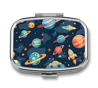 Pill Box with Mirror 2 Compartment Cartoon Planet Pattern Pill Case for Purse Pocket Weekly Pill Organizer Travel Medicine Case Portable Pill Container Holder for Daily