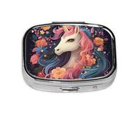 Pill Box with Mirror 2 Compartment Cartoon Unicorn with Flowers Small Pill Case for Purse Or Pocket Mini Metal Pill Holder Travel Weekly Medicine Tablet Vitamin Holder Organizer Travel Gifts