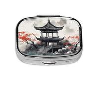 Pill Box with Mirror 2 Compartment Chinese Ink Painting Small Pill Case for Purse Or Pocket Mini Metal Pill Holder Travel Weekly Medicine Tablet Vitamin Holder Organizer Travel Gifts