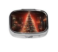 Pill Box with Mirror 2 Compartment Christmas Tree Xmas Glittering Small Pill Case for Purse Or Pocket Mini Metal Pill Holder Travel Weekly Medicine Tablet Vitamin Holder Organizer Travel Gifts