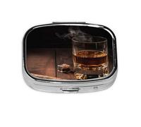 Pill Box with Mirror 2 Compartment Cigar & Whiskey Small Pill Case for Purse Or Pocket Mini Metal Pill Holder Travel Weekly Medicine Tablet Vitamin Holder Organizer Travel Gifts