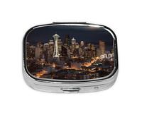 Pill Box with Mirror 2 Compartment City Seattle Small Pill Case for Purse Or Pocket Mini Metal Pill Holder Travel Weekly Medicine Tablet Vitamin Holder Organizer Travel Gifts
