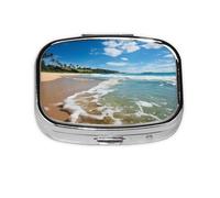 Pill Box with Mirror 2 Compartment Clear Sky Wave Beach Small Pill Case for Purse Or Pocket Mini Metal Pill Holder Travel Weekly Medicine Tablet Vitamin Holder Organizer Travel Gifts