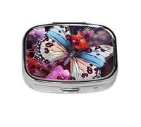 Pill Box with Mirror 2 Compartment Colorful Butterflies On Flowers Small Pill Case for Purse Or Pocket Mini Metal Pill Holder Travel Weekly Medicine Tablet Vitamin Holder Organizer Travel Gifts