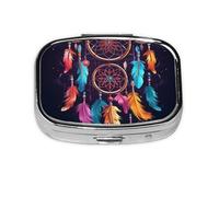 Pill Box with Mirror 2 Compartment Colorful Dream Catcher Small Pill Case for Purse Or Pocket Mini Metal Pill Holder Travel Weekly Medicine Tablet Vitamin Holder Organizer Travel Gifts