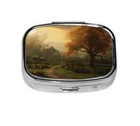Pill Box with Mirror 2 Compartment Countryside Farm Small Pill Case for Purse Or Pocket Mini Metal Pill Holder Travel Weekly Medicine Tablet Vitamin Holder Organizer Travel Gifts