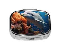 Pill Box with Mirror 2 Compartment Dolphin On Coral Small Pill Case for Purse Or Pocket Mini Metal Pill Holder Travel Weekly Medicine Tablet Vitamin Holder Organizer Travel Gifts