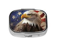 Pill Box with Mirror 2 Compartment Eagle with USA Flag Small Pill Case for Purse Or Pocket Mini Metal Pill Holder Travel Weekly Medicine Tablet Vitamin Holder Organizer Travel Gifts
