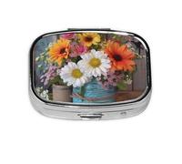 Pill Box with Mirror 2 Compartment Farm Fresh Flowers Spring Small Pill Case for Purse Or Pocket Mini Metal Pill Holder Travel Weekly Medicine Tablet Vitamin Holder Organizer Travel Gifts