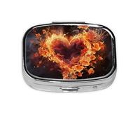 Pill Box with Mirror 2 Compartment Fire Flowers and Heart Small Pill Case for Purse Or Pocket Mini Metal Pill Holder Travel Weekly Medicine Tablet Vitamin Holder Organizer Travel Gifts