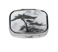 Pill Box with Mirror 2 Compartment Foggy Mountain Pine Tree Small Pill Case for Purse Or Pocket Mini Metal Pill Holder Travel Weekly Medicine Tablet Vitamin Holder Organizer Travel Gifts
