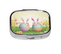 Pill Box with Mirror 2 Compartment Happy Easter Day Small Pill Case for Purse Or Pocket Mini Metal Pill Holder Travel Weekly Medicine Tablet Vitamin Holder Organizer Travel Gifts