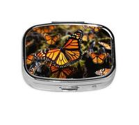 Pill Box with Mirror 2 Compartment Heaps of Orange Monarch Butterflies Small Pill Case for Purse Or Pocket Mini Metal Pill Holder Travel Weekly Medicine Tablet Vitamin Holder Organizer Travel Gifts