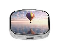 Pill Box with Mirror 2 Compartment Hot Air Balloon Over The Sea Small Pill Case for Purse Or Pocket Mini Metal Pill Holder Travel Weekly Medicine Tablet Vitamin Holder Organizer Travel Gifts
