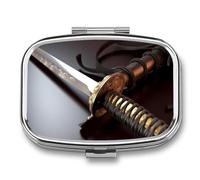 Pill Box with Mirror 2 Compartment Japan Samurai Sword Pill Case for Purse Pocket Weekly Pill Organizer Travel Medicine Case Portable Pill Container Holder for Daily