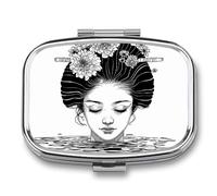Pill Box with Mirror 2 Compartment Japanese Woman's Head Pill Case for Purse Pocket Weekly Pill Organizer Travel Medicine Case Portable Pill Container Holder for Daily