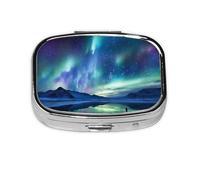 Pill Box with Mirror 2 Compartment Northern Lights Small Pill Case for Purse Or Pocket Mini Metal Pill Holder Travel Weekly Medicine Tablet Vitamin Holder Organizer Travel Gifts