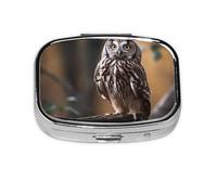 Pill Box with Mirror 2 Compartment Owl Standing On The Tree Small Pill Case for Purse Or Pocket Mini Metal Pill Holder Travel Weekly Medicine Tablet Vitamin Holder Organizer Travel Gifts