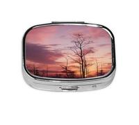 Pill Box with Mirror 2 Compartment Pink Dusk Background Small Pill Case for Purse Or Pocket Mini Metal Pill Holder Travel Weekly Medicine Tablet Vitamin Holder Organizer Travel Gifts