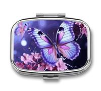 Pill Box with Mirror 2 Compartment Purple Butterfly Pill Case for Purse Pocket Weekly Pill Organizer Travel Medicine Case Portable Pill Container Holder for Daily
