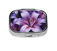 Pill Box with Mirror 2 Compartment Purple Lily Flowers Small Pill Case for Purse Or Pocket Mini Metal Pill Holder Travel Weekly Medicine Tablet Vitamin Holder Organizer Travel Gifts