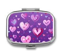 Pill Box with Mirror 2 Compartment Purple Love Pattern Pill Case for Purse Pocket Weekly Pill Organizer Travel Medicine Case Portable Pill Container Holder for Daily