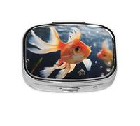 Pill Box with Mirror 2 Compartment Small Goldfish Swimming in The Water Small Pill Case for Purse Or Pocket Mini Metal Pill Holder Travel Weekly Medicine Tablet Vitamin Holder Organizer Travel Gifts