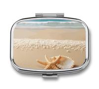 Pill Box with Mirror 2 Compartment Starfish Shell and Beach Pill Case for Purse Pocket Weekly Pill Organizer Travel Medicine Case Portable Pill Container Holder for Daily