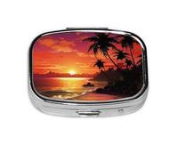 Pill Box with Mirror 2 Compartment Tropical Sunset Seaside Small Pill Case for Purse Or Pocket Mini Metal Pill Holder Travel Weekly Medicine Tablet Vitamin Holder Organizer Travel Gifts