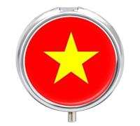 Pill Box with Mirror 3 Compartment Socialist Republic of Vietnam Flag Small Pill Case for Purse Or Pocket Round Decorative Metal Medicine Vitamin Organizer Round