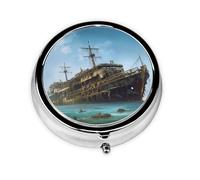 Pill Box with Mirror Abandoned Cruise Ship at Sea 3 Compartment Small Pill Case for Purse Or Pocket Mini Metal Pill Holder Travel Weekly Medicine Tablet Vitamin Holder Organizer Travel Gifts